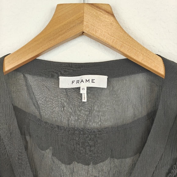 FRAME Silk Sheer Ruffle Long Sleeve V Neck Button Up Peasant Blouse Size XS - Picture 6 of 12